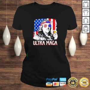 ClassicLadies Ultra Maga 4th of July Benjamin Franklin Drinking USA Flag shirt