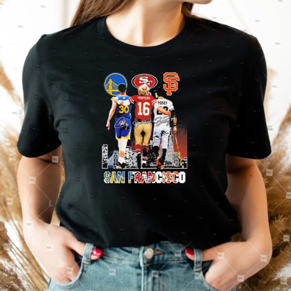 San francisco sports stephen curry Joe Montana and buster posey signatures skyline 2023 shirts