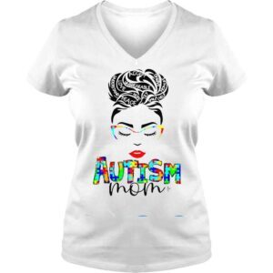 VLadies Autism Mom Child Messy Bun Awareness April And Mothers Day Shirt