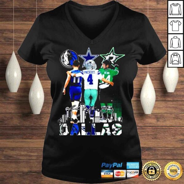 Dallas Mavericks Doncic 11 Dallas Cowboys Prescott 4 Dallas Stars Benn 14 Signatures Dallas City Shirt - Image 2