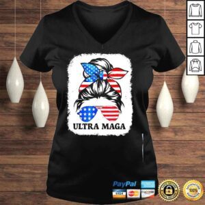 VLadies Distressed ultra maga antI Biden messy bun usa flag shirt