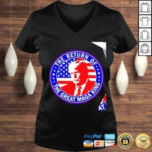 VLadies Donald Trump the return of The Great MAGA King American flag logo shirt