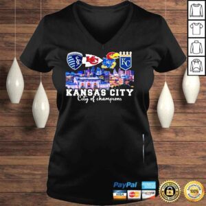 VLadies KC Sporting and KC Chiefs and KU Jayhawks and KC Royals Kansas City sport city of Champions shirt