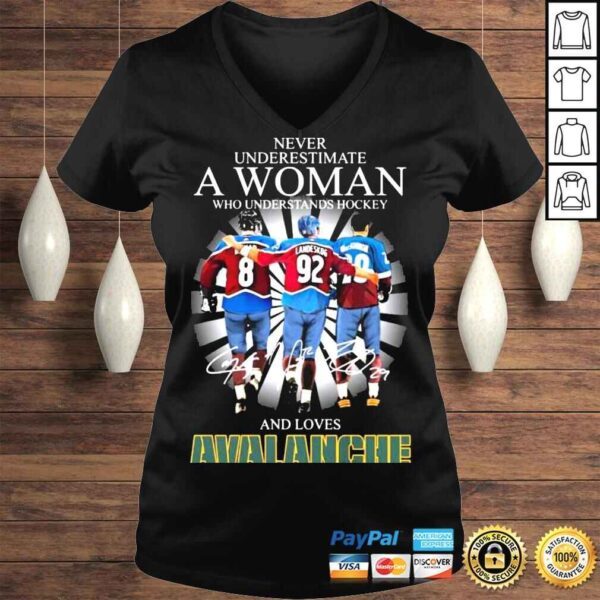 Never Underestimate A Woman And Loves Colorado Avalanche Hockey Signatures Shirt - Image 2