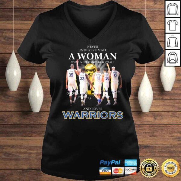 Never underestimate a woman who understands basketball and loves Warriors Durant Green Thompson Curry signatures shirt - Image 2