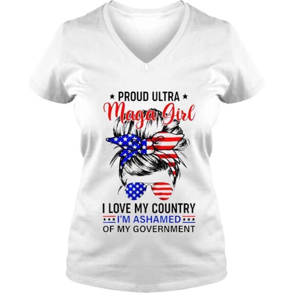 Proud ultra maga girl usa flag messy bun sunglasses shirt - Image 2