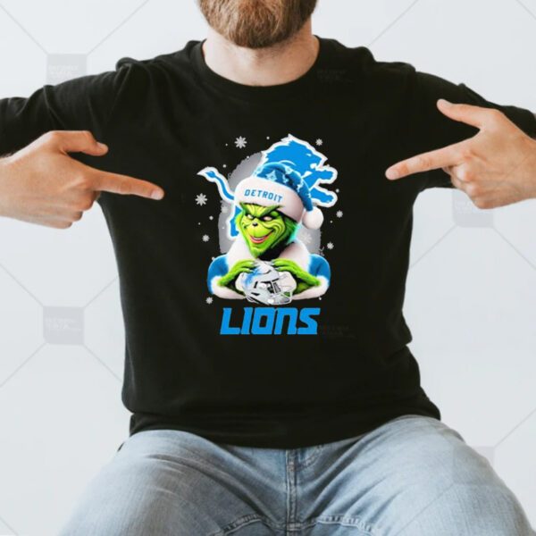 Grinch Hat Santa Detroit Lions Helmet Logo Merry Christmas T-Shirt