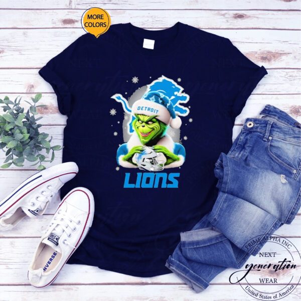 Grinch Hat Santa Detroit Lions Helmet Logo Merry Christmas T-Shirts