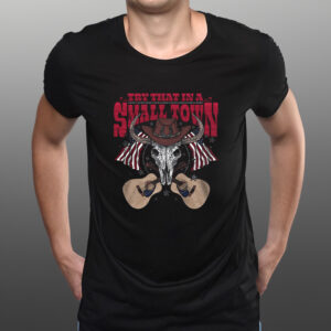 TRY THAT IN A SMALL TOWN COWBOYSKULL TEE SHIRTs