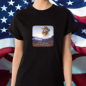 Snazzy Seagull Rootin’ Shootin’ But Mostly Tootin’ Raccoon Cowboy T-Shirt1